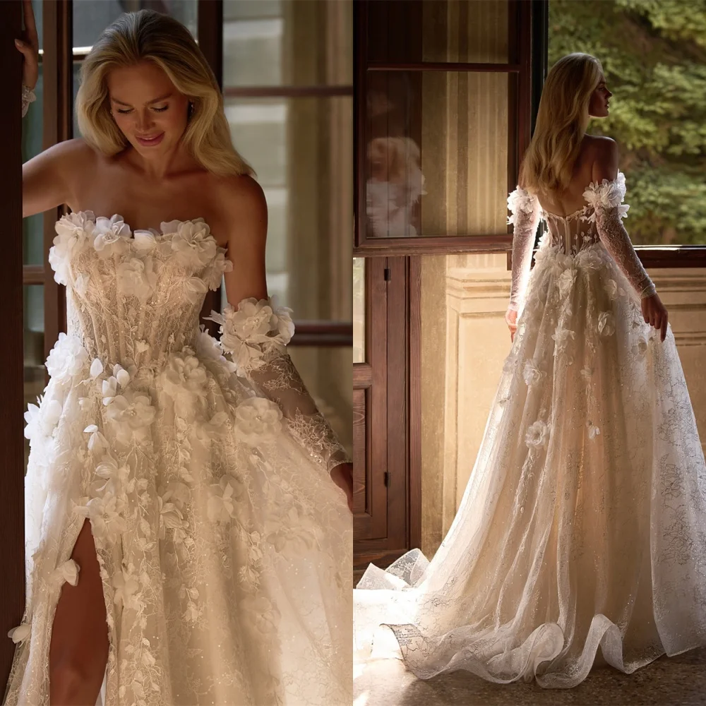 

Customized Dreamy pure white Organza Wedding Dress Elegant Strapless Detachable Sleeve Exquisite Zipper Back Vestido De Novia