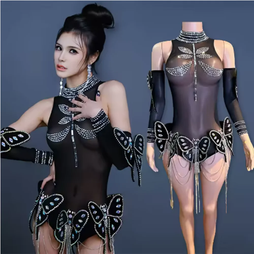 2025 traje de escenario para mujer, mono Sexy negro sin mangas con mariposa Gogo Showgirl, traje de actuación, disfraz de fiesta en club nocturno