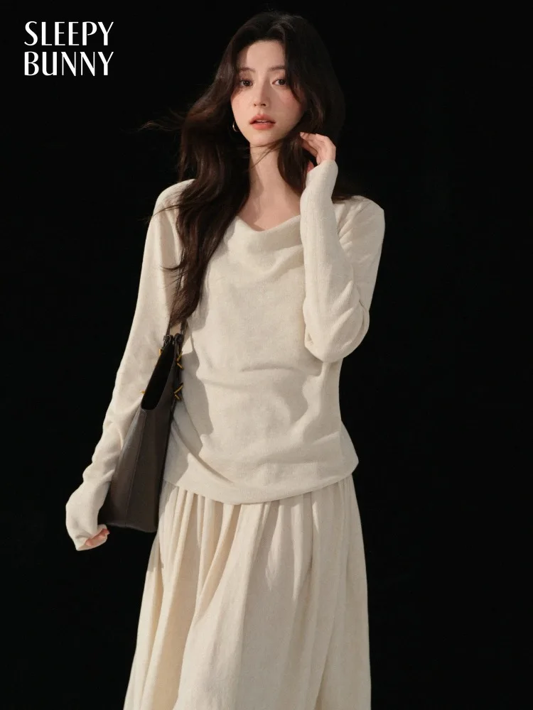 

Soft Knit Sweater Skirt Set for Women Lady Relaxed Draped Top Pleated Long Skirt Petite Friendly Stylish Spring Daily Wear Look