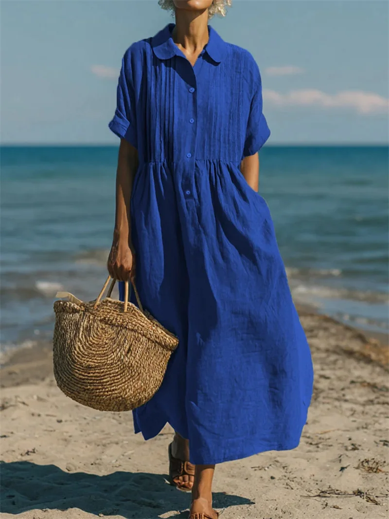 Women Simple Style Solid Color Cotton Linen Dresses Lapel Pleated Short Sleeve Sundress Summer Casual Beach Vacation Long Dress view 2