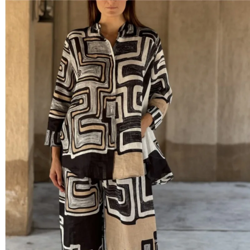 2025 جديد دعوى المرأة 2 قطعة مجموعة أنيقة قميص مطبوع التلبيب بنطال ذو قصة أرجل واسعة مجموعة فضفاضة عصرية عادية القطن الكتان مجموعة