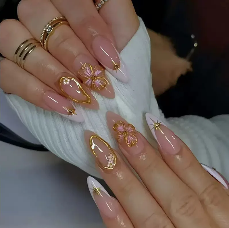 

2026 New Minimalist Nail Art: 3D Gold Gilded Sweet French Style Pink Flower Star Long Almond Wearable Nails