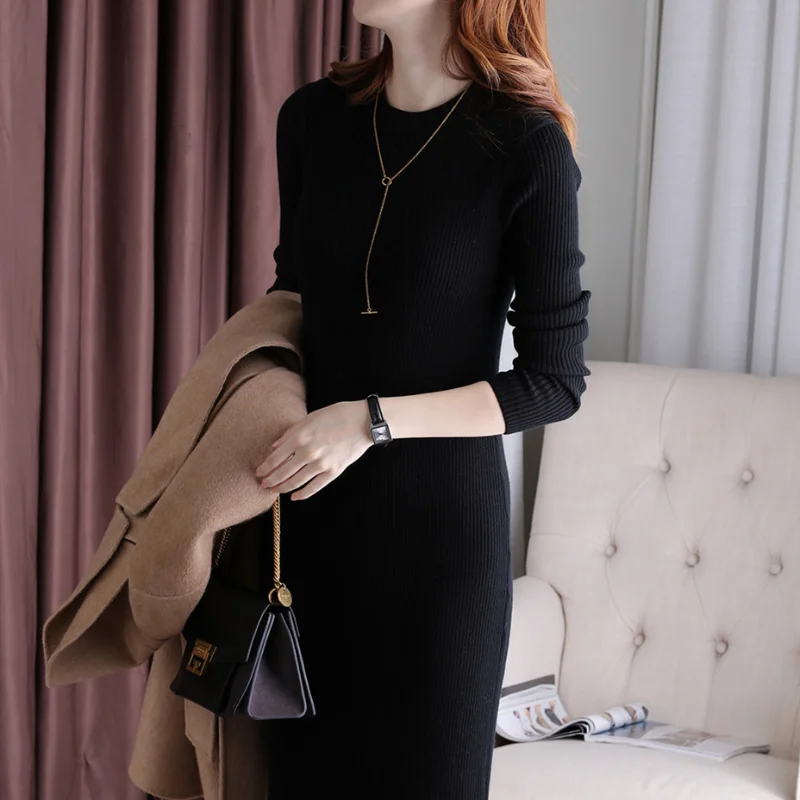 2023 Autumn/Winter Korean Version New Round Neck Long Sleeve Dress Slim Fit and Fashion Solid Color Mid length A-line Dress