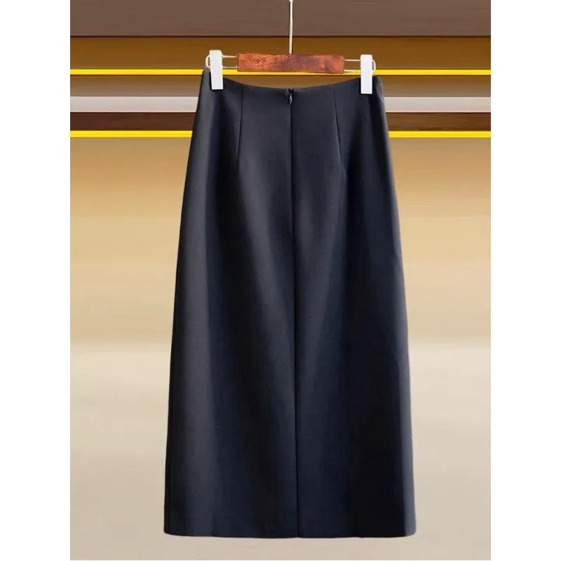Women Summer Vintage Fashion Appliques Ruched Slim Elegant Party Skirt Office Lady High Waist Sexy Slit Black Midi Skirts Faldas