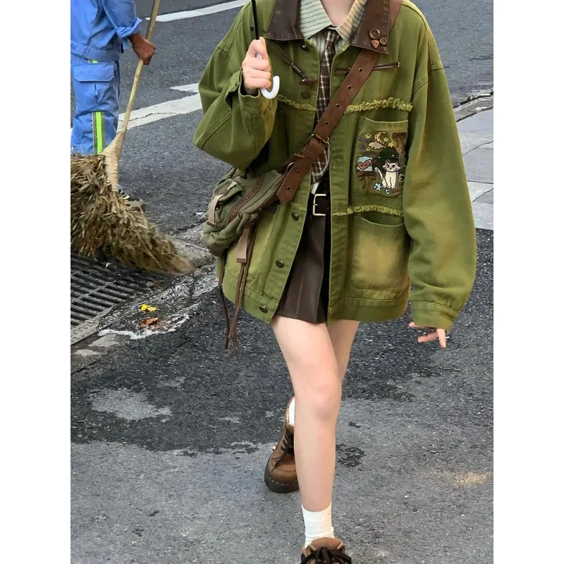 Jaket Jeans Bordir Kartun Musim Semi Mantel Rumbai Kasual Longgar Estetika Y2k Ritsleting Wanita Atasan Grunge Kancing Sebaris Harajuku