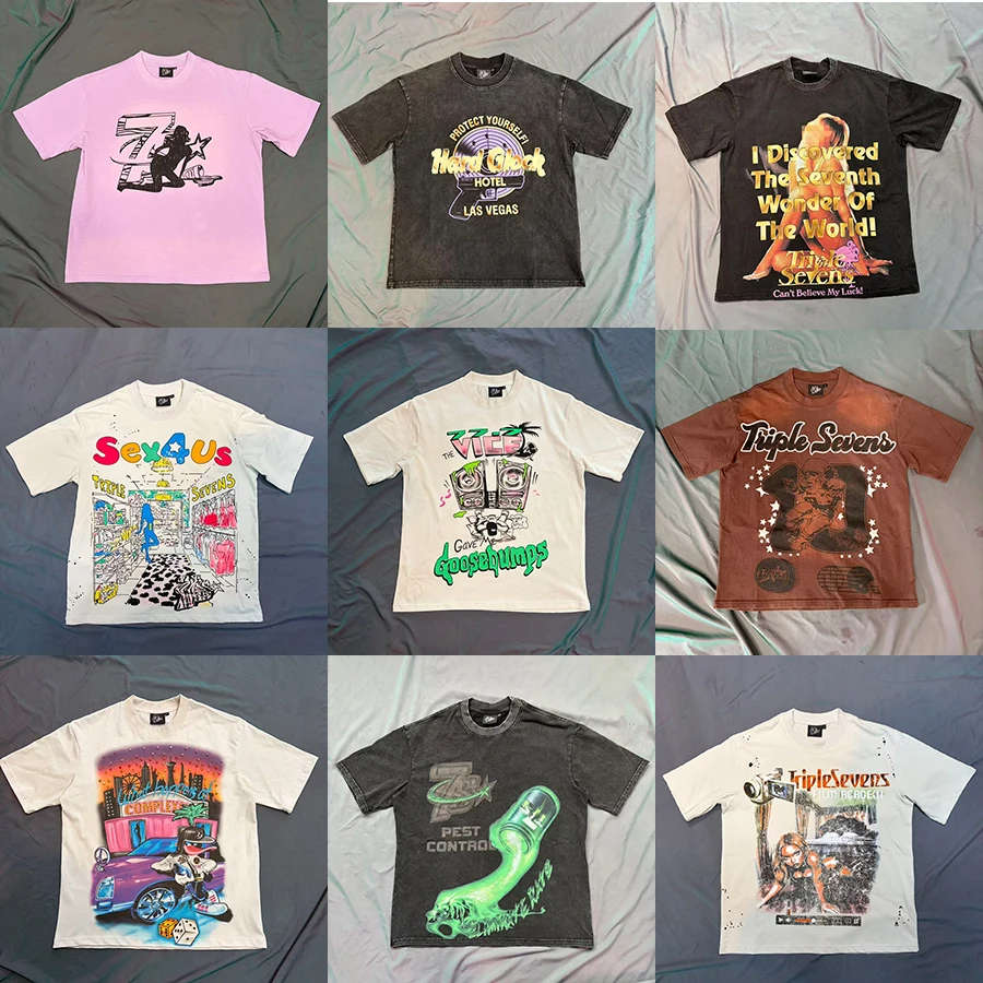 26ss TRIPLE SEVENS T-Shirt American Streetwear Brand Lavender Purple Short Sleeve Letter Print Streetwear Fashion Top Men