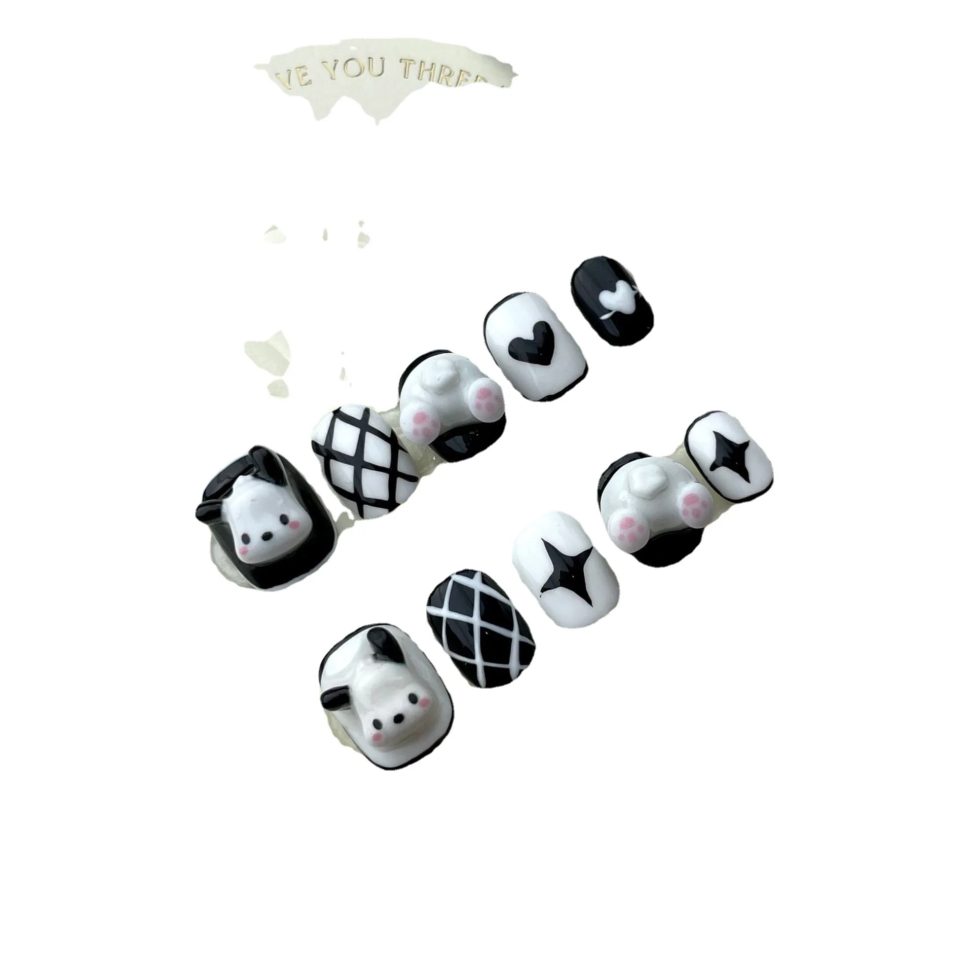 10 PCS Luxury Handmade Press on Nails Short Circle Pochacco Design False Nails with 4-PIECE Tool Adhesive Nail Glue Tabs