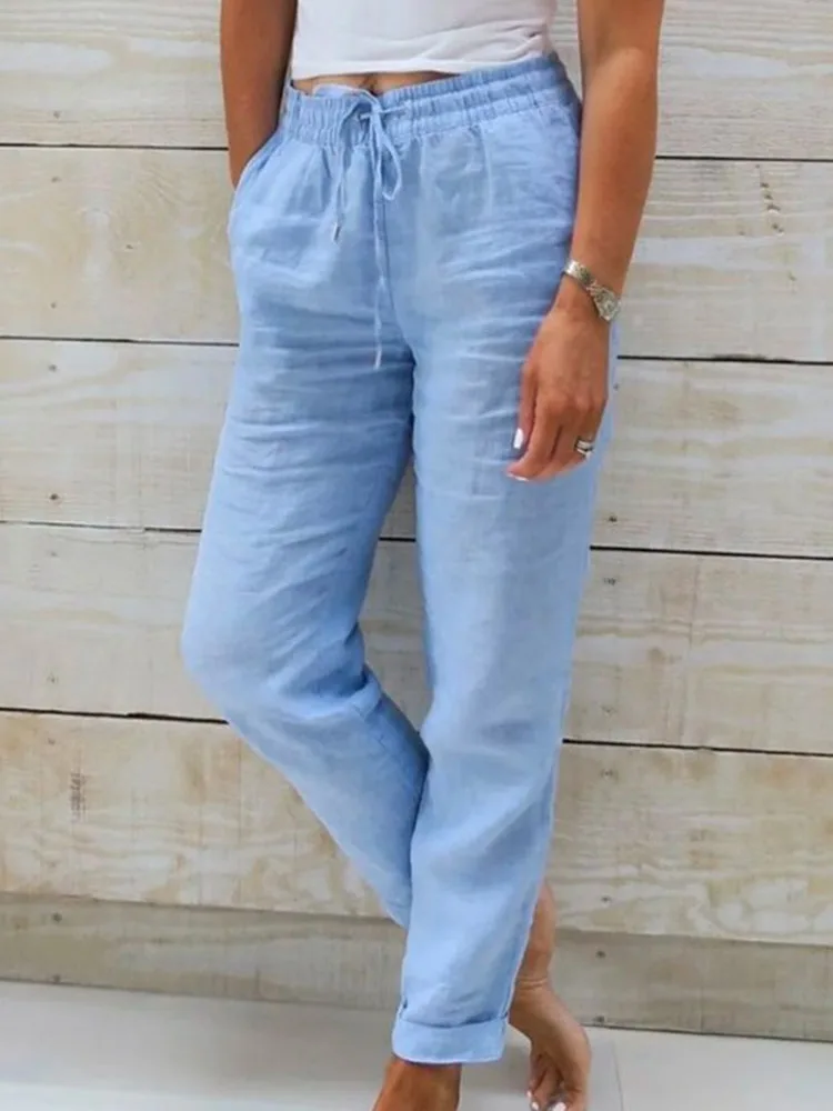 2025 Cotton Linen Summer Pants Women High Waist Elastic Casual Trousers Fashion Streetwear Breathable Female Loose Pencil Pants