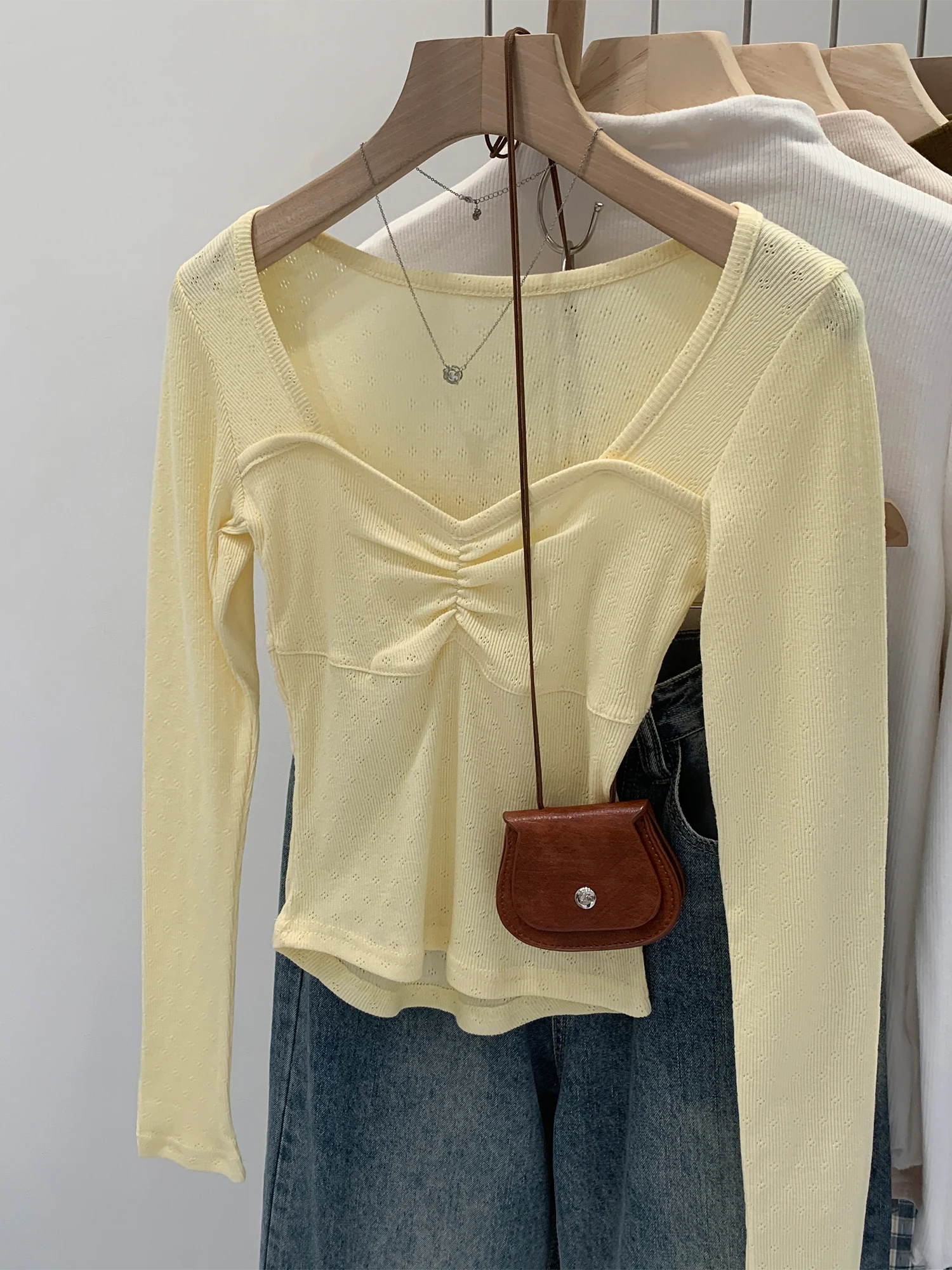 Korean Style Long Sleeve Short T-Shirt Women's Slim Fit Beautiful Square Collar Top Breathable Sweat Absorbent Summer Wear