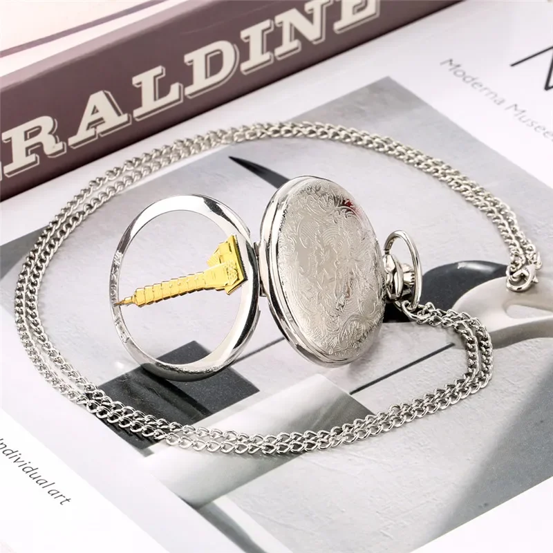 Antique Hollow Out Pocket Watch with Taibei 101 Building Design Analog Quartz Movement Roman Number Necklace Fob Chain