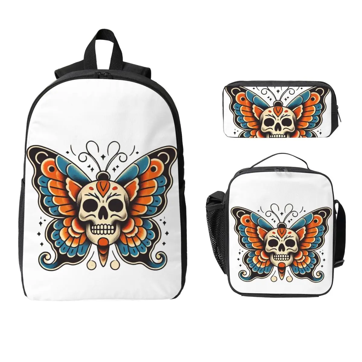 

American Traditional Butterfly Tattoo Flash Pattern Backpack Boys Girls BookBag School Bag 3ps Insulated Lunch Bag Pencil Case