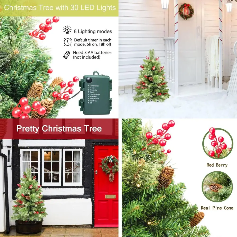 

Battery-Powered Pre-Lit 30 Christmas Trees Set for Outdoor Pathway, Porch, Yard, Garden - Red Berries & Pine Cones