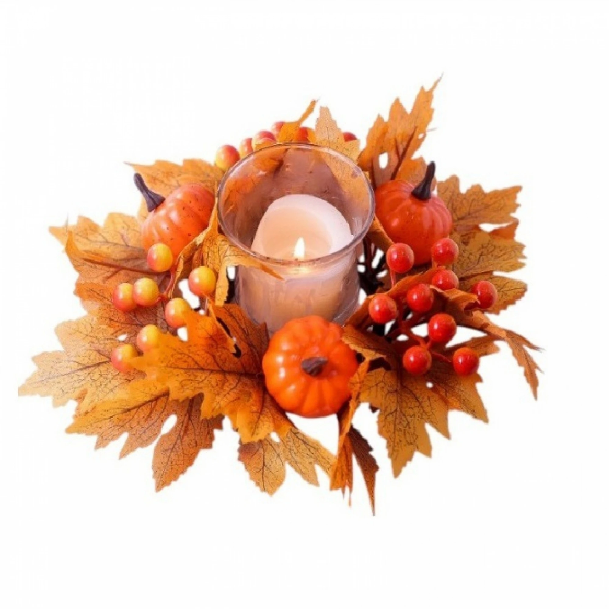 Thanksgiving Candle Ring Wreaths Artificial Leaf Pumpkin Berry Garland