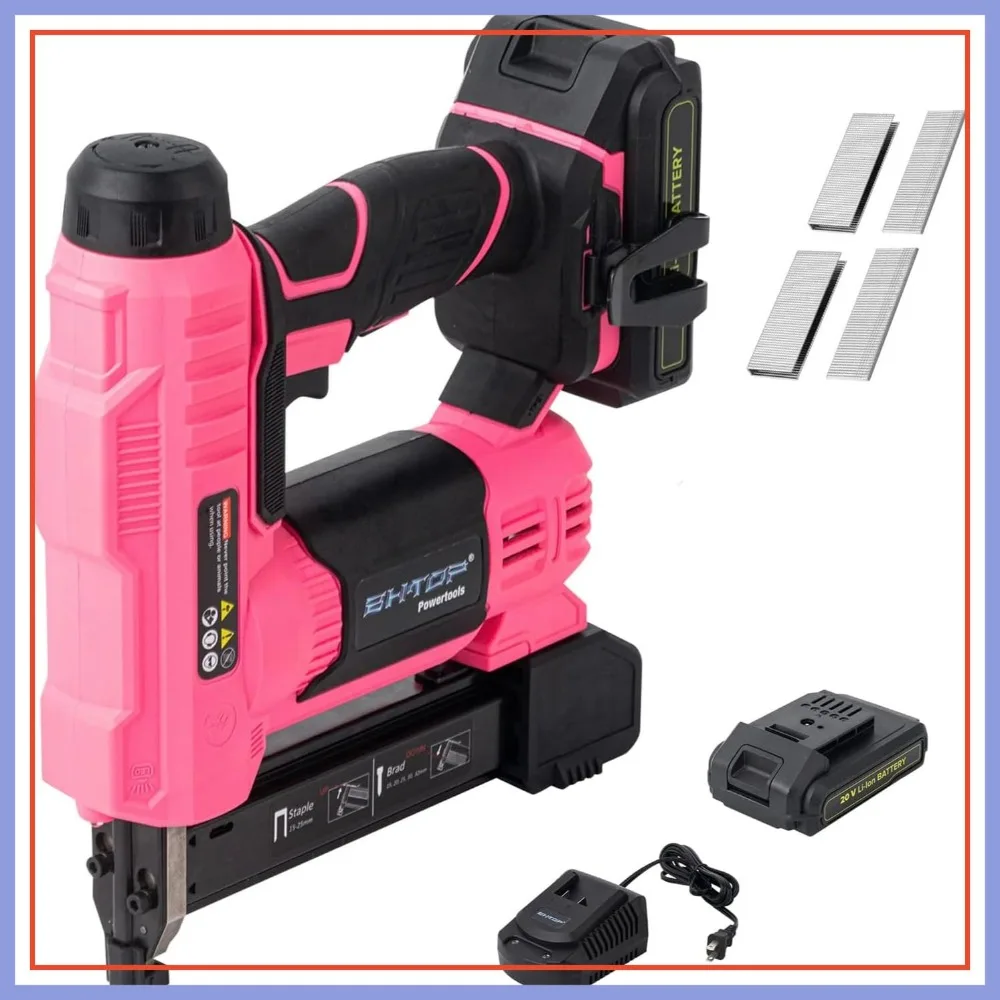 

20V Cordless Brad Nailer & Stapler, 18 Gauge 2-in-1 Finish Nail Gun with 2.0Ah Battery, Charger, 2500 Nails & 500 Staples, Pink