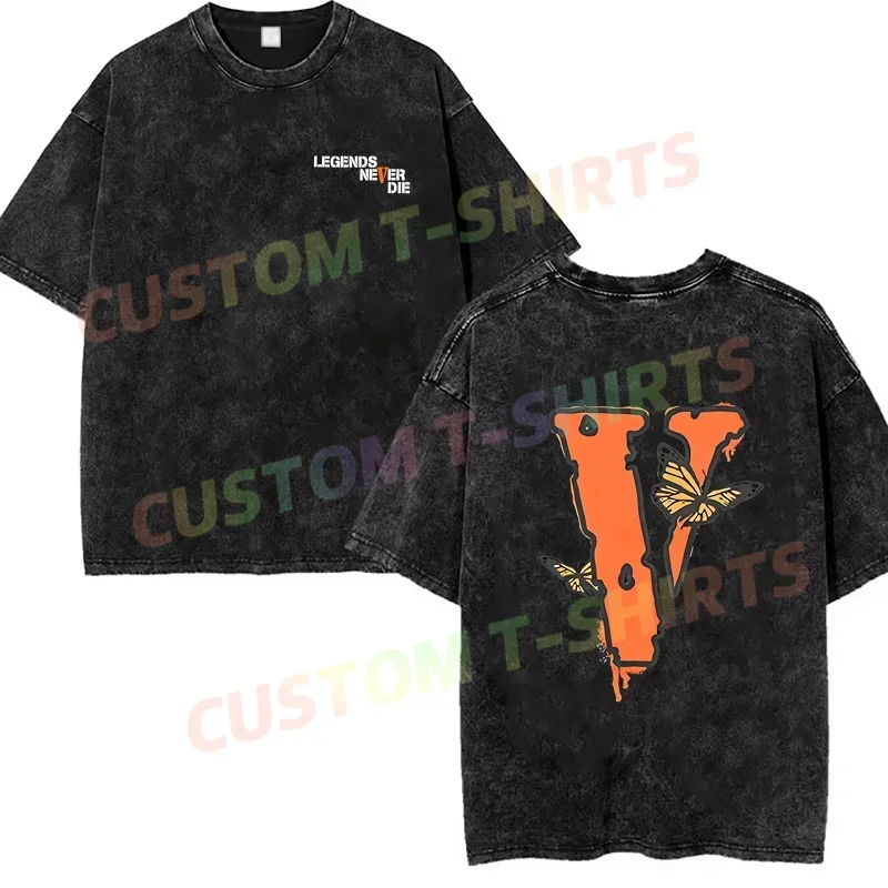 2024 Summer Vintage Cotton Washed Retro Vlone Printed T-Shirt Loose T Shirts Men Y2K Hip Hop Top Tee