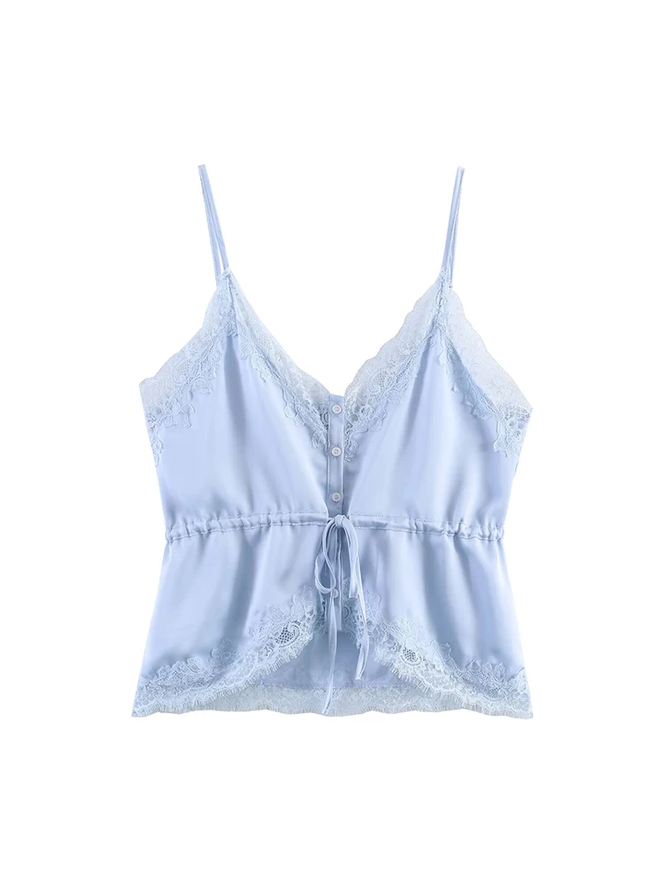 2026 Summer Women Solid Sling Tops Sleeveless Lace Spliced Lace Up Slim V-neck Short Strap Top Women Sexy Casual Sling Vest