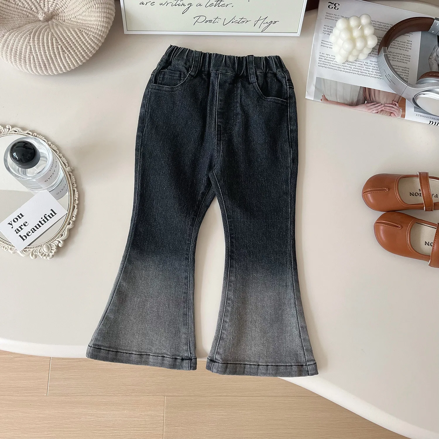 2024 طفل الفتيات موضة التدرج اللون الدنيم السراويل الطويلة متوهج الاطفال الجينز الأطفال ربيع الخريف السراويل الملابس المراهقين 2-10Y