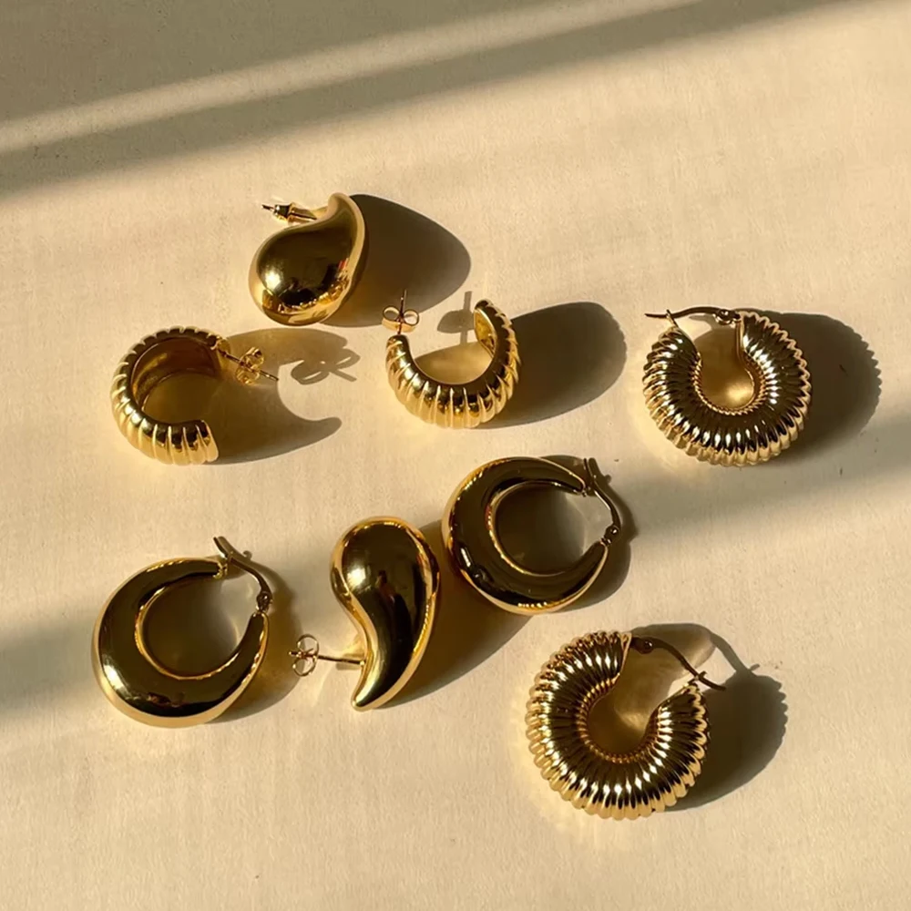 

18K Gold Plated Round Circle Geometric Chunky Hoop Earrings for Women Trendy Metal Glossy Waterproof Statement Jewelry