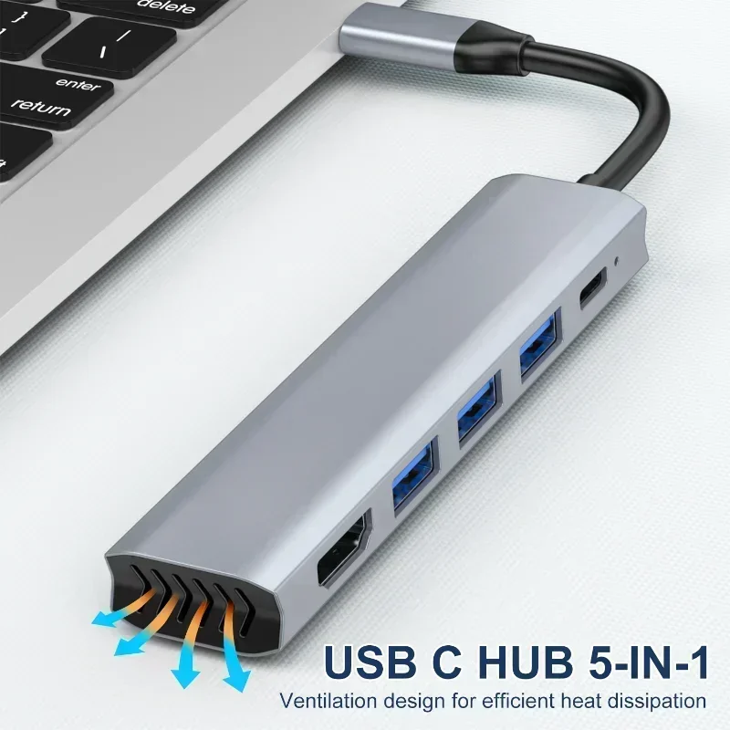 USB HUB 4K HD محول TYPE-C إلى HD 5-in-1 USB-C إلى HD hub 4K توسيع الكمبيوتر المحمول لـ MaBook Pro Ar M2 M1 مع usb3.0 PD