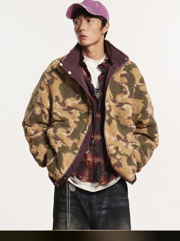 

Американская ретро-куртка унисекс с двусторонним камуфляжным принтом, воротником-стойкой, из хлопка, зимняя, свободного кроя, теплая, с отделкой из овечьей шерсти