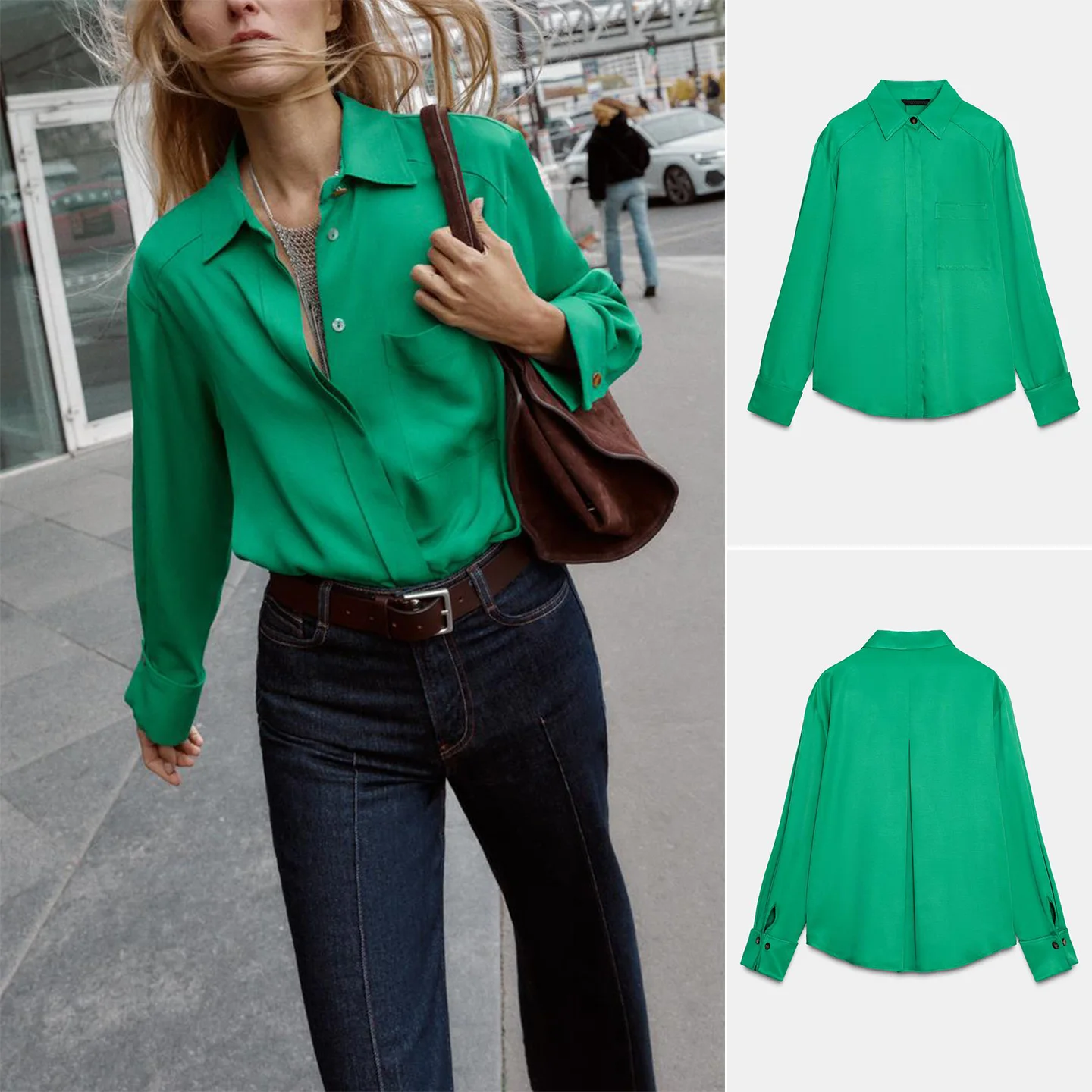 Automne hiver nouveauté femmes trajet Sle simple bouton Long Sve soie Satin ket irt haut col rabat Polyester F...