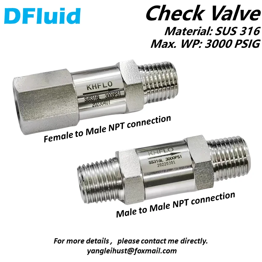 Stainless Steel 316 CHECK VALVE 3000 psig Non-return One-way Female NPT to Male NPT 1/4