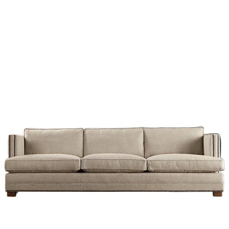 

French rural retro e****mical linen double sofa modern simple light luxury cotton and linen triple sofa