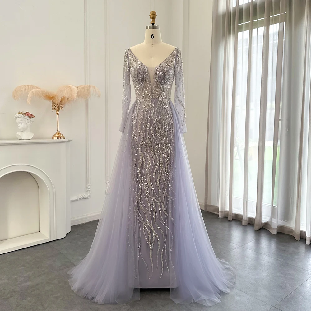 

Sharon Said Luxury Arabic Lilac Mermaid Overskirt Evening Dresses Dubai Long Sleeves Wedding Guest Party Gowns SS234 Customized