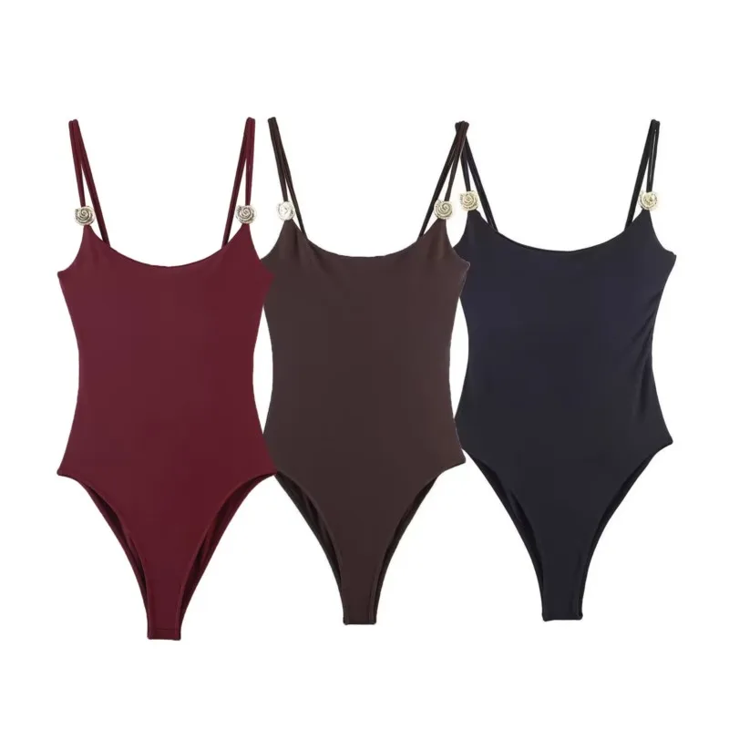 

Women's Bodysuit with Metallic Detail Sexy Backless Thin Strap Women Playsuit Beach Style Solid Female Chic Bodysuits