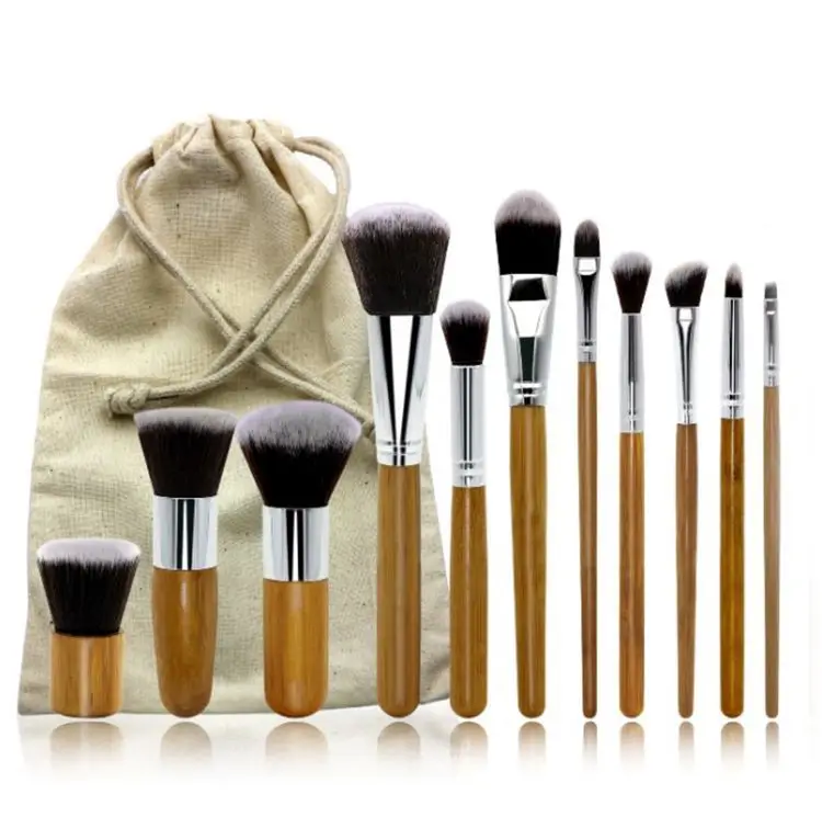 

11pcs Natural Bamboo Handle Makeup Brushes Set High Quality Foundation Blending Cosmetic Make Up Tool Set With Cotton Bag