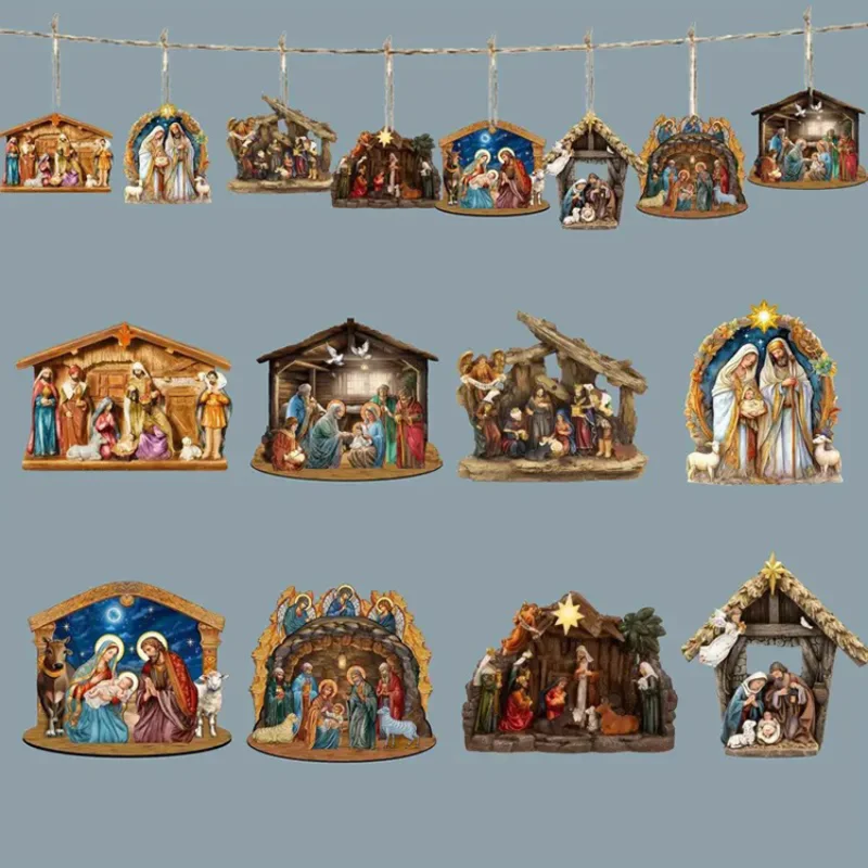 12Pcs Christmas Home Wall Decor Nativity Set Wooden Hanging Ornaments Religious Festive Decorations Gift for Holiday 2026 New