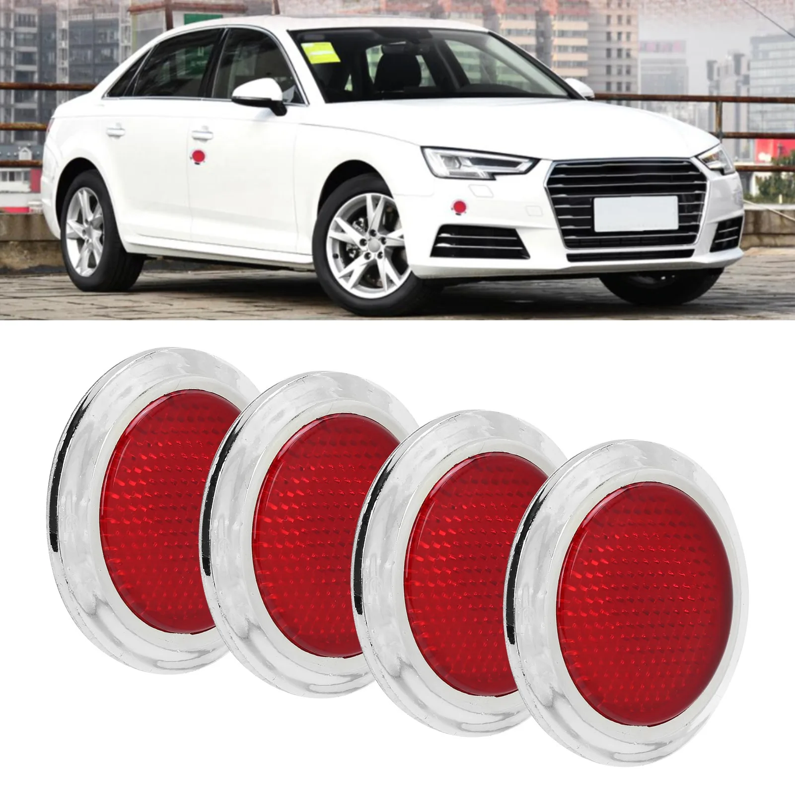 4PCS Red Reflector ABS Chrome Trim Round Reflective Protection For Automobile Motorcycle