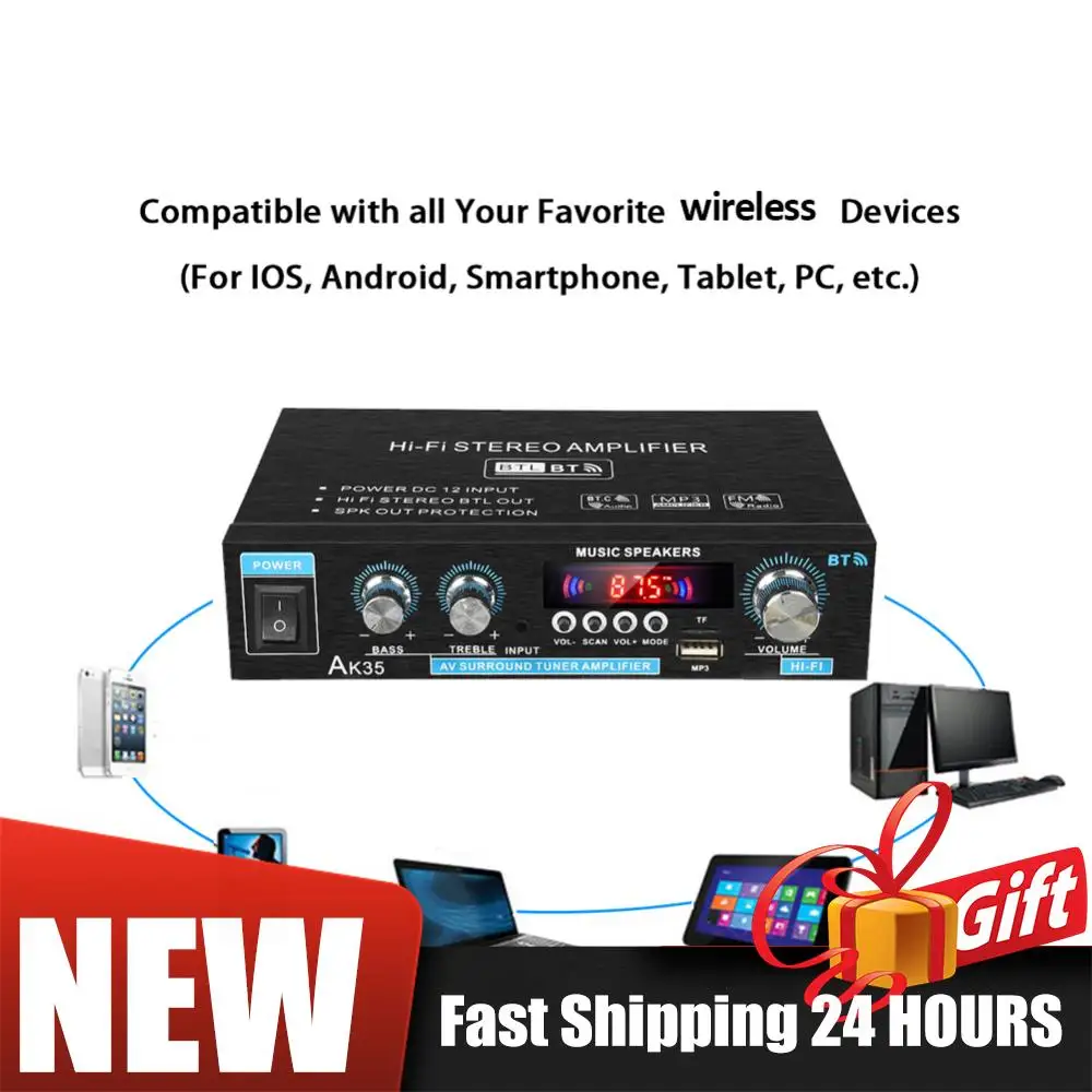 

Мини-аудиоусилитель AK35 Bluetooth, двухканальный Hi-Fi стереоусилитель мощности с входами USB, TF, RCA, AUX и пультом ДУ для дома и автомобиля
