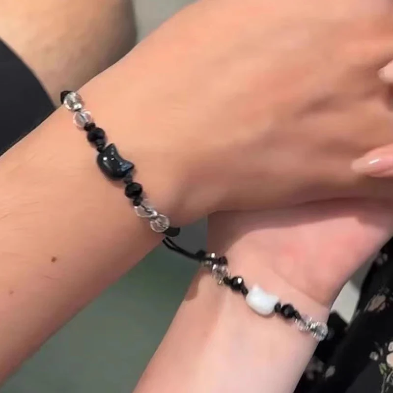 2025 اليدوية حبل أسود سوار عشاق الأصدقاء الطبيعية Moonstone أرنب سحر قابل للتعديل أساور حزب زوجين مجوهرات هدايا #5