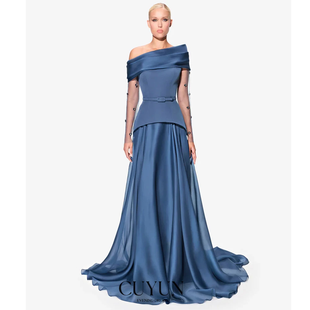 

CUYUN Скромное женское вечернее платье с открытыми плечами Туманное синее роскошное вечернее платье на заказ Вечерние платья трапециевидной формы с драпировкой