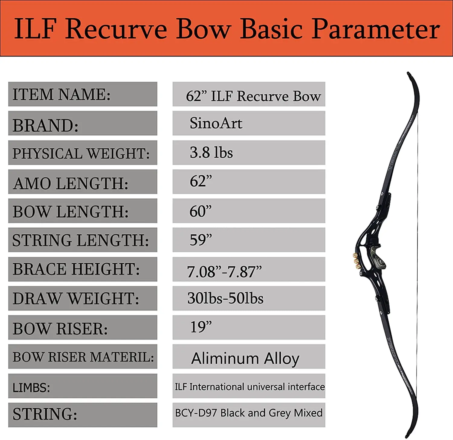 TBOW 62 ILF Recurve Bow with Gordon Limbs 30-50Lbs for Adult Archery Competition Athletic Right Hand