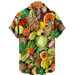 Camisa havaiana de manga curta masculina, estampada em frutas tropicais, flores coloridas, vintage, férias de praia, blusa de moda verão