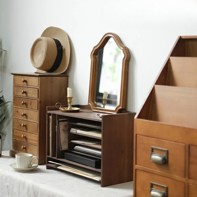 Desktop File Storage Rack Vintage Solid Wood A4 Paper Organizer Handbooks Storage Display Rack Multi-Layer Home Storage Cabinet