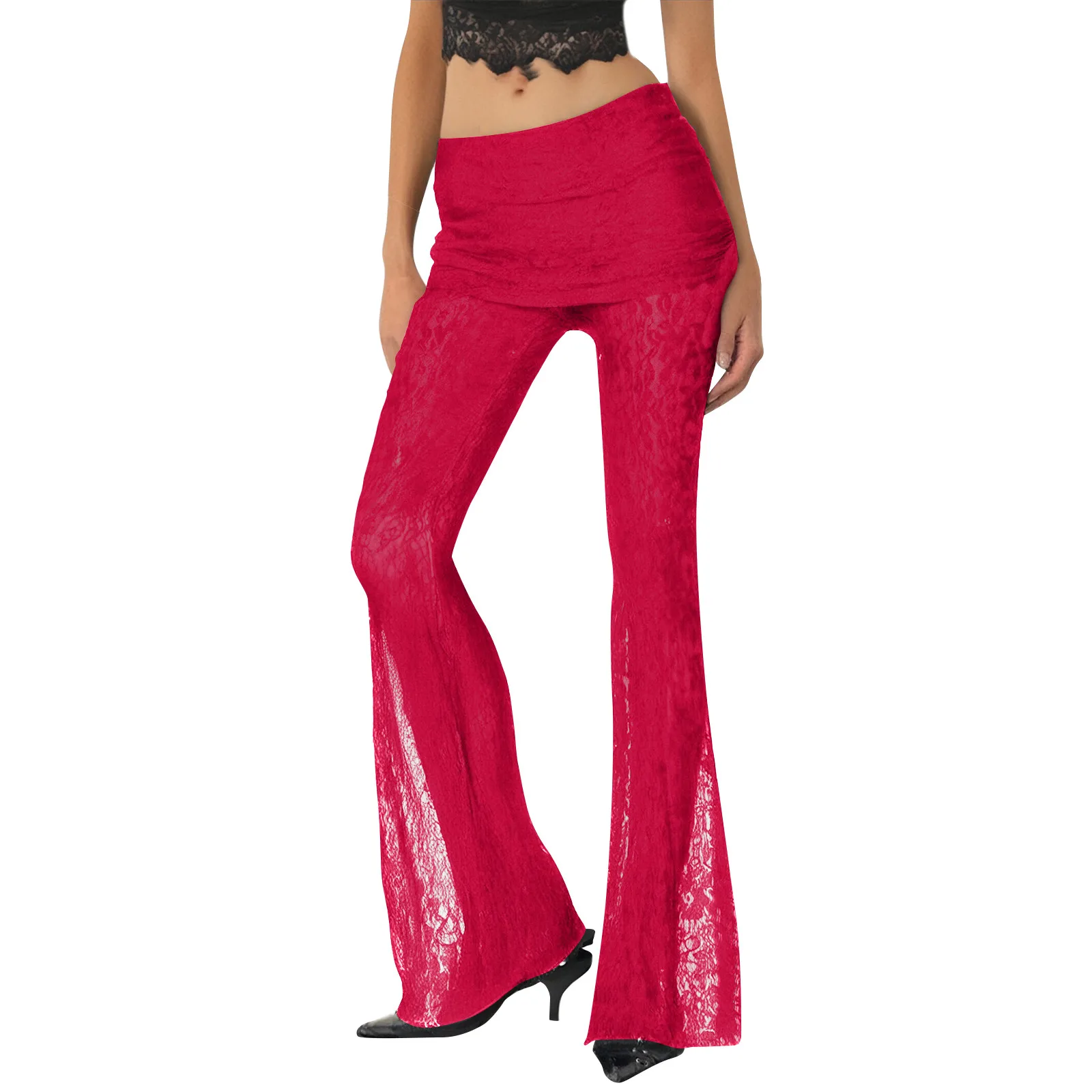 2025 Pantaloni svasati in rete velata di pizzo di nuova moda Pantaloni lunghi elastici a vita alta Pantaloni da strada slim stile semplice da donna di Halloween