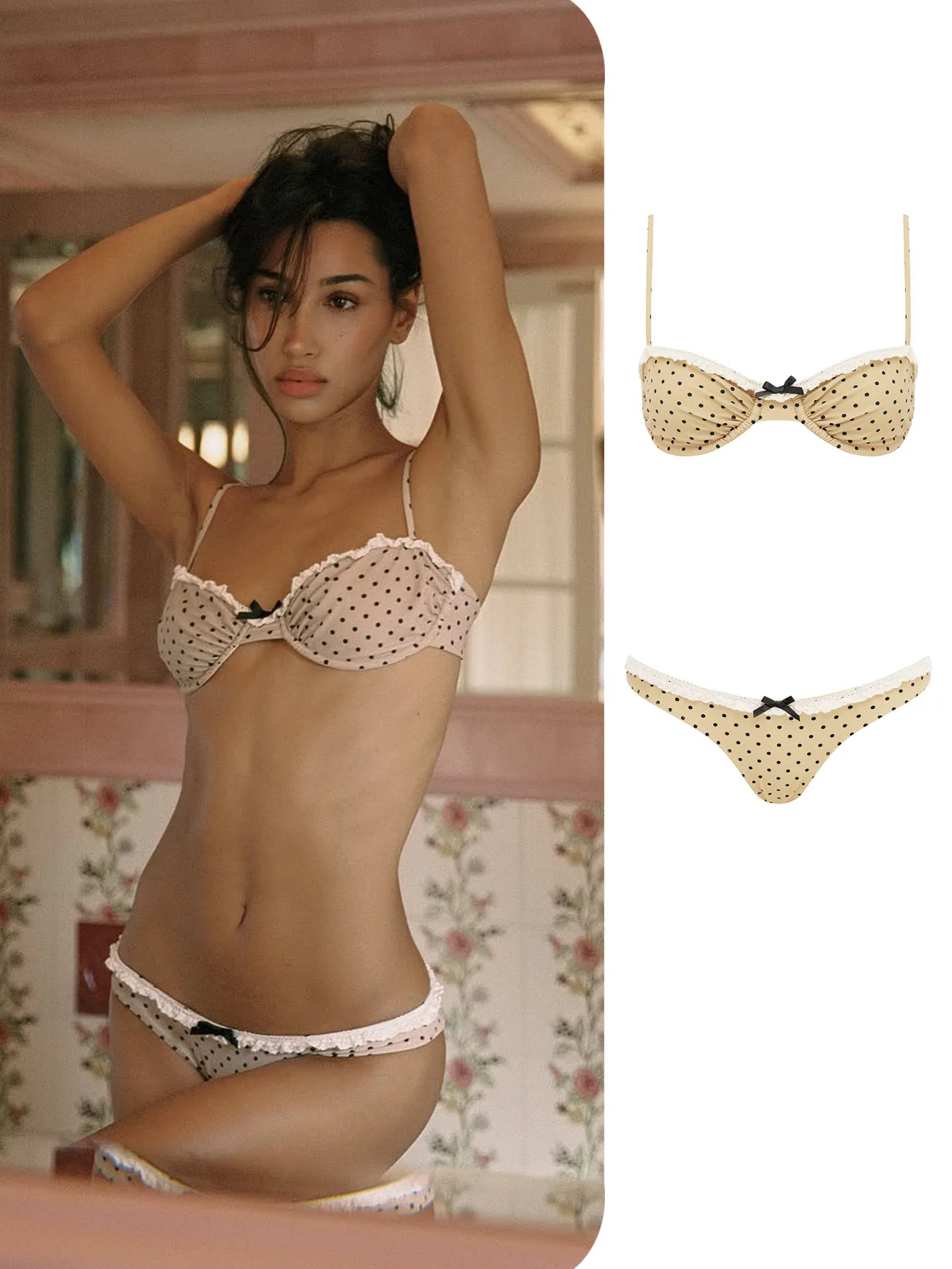 With Jen Khaki Polka Dot Bikini Set With Steel Hoop Design Lace Bow