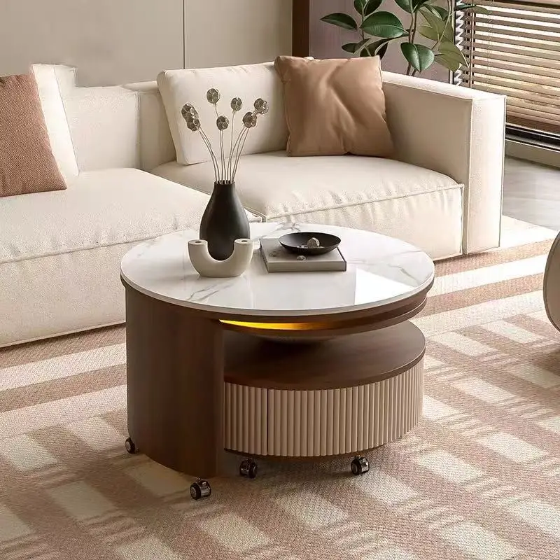 Modern rotating coffee table set, living room table, table top with burnt stone, wooden layered base with wheels