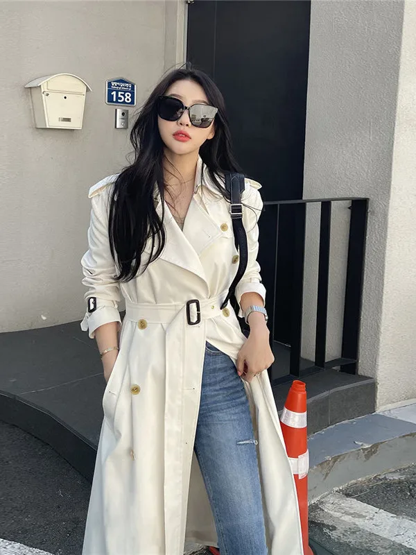 

Модная женская ветровка средней длины с поясом, белая, приталенная, весна-осень, высококачественная, в корейском стиле, для повседневной носки
