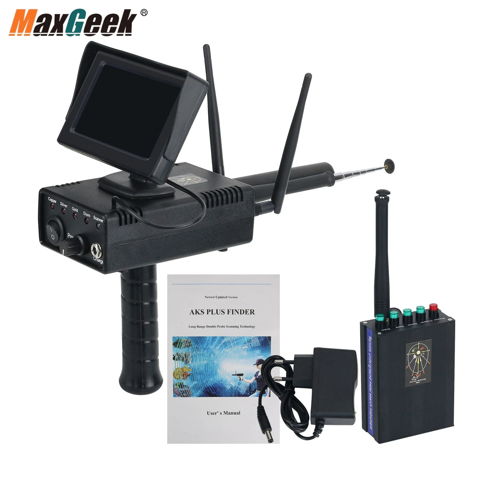 Maxgeek-Detector de oro subterráneo AKS Plus 3D, buscador de metales de largo alcance, con pantalla grande