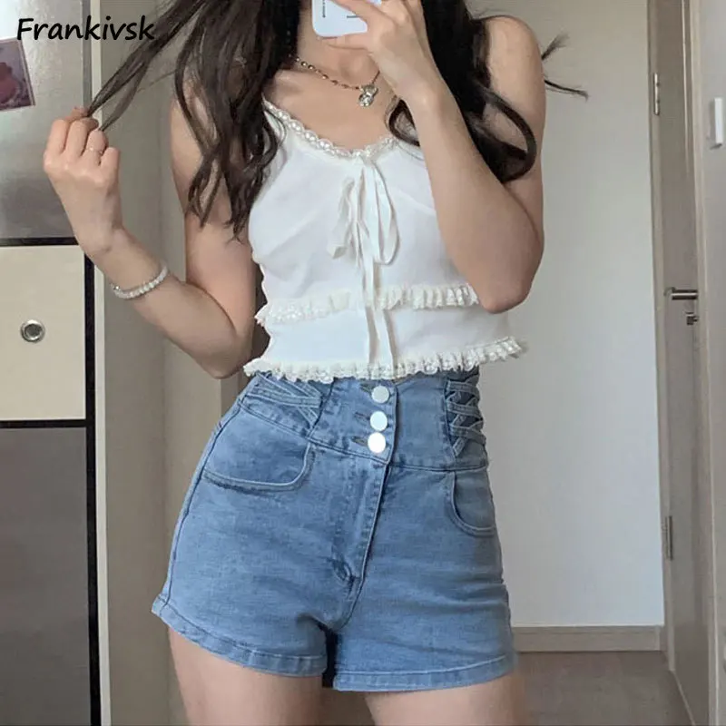 

Women Shorts High Waist Ins Three Buttons Solid Summer Elastic Spicy Girls Slim Hip-huggers American Style Simple Streetwear Fit