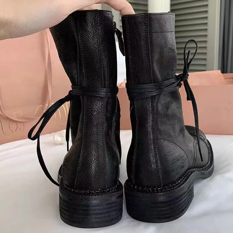 Meotina Women Ankle Boots Round Toe Thick Mid Heels Lace-up Zipper Short Boots Concise Lady Fashion Shoes Autumn Winter Black 40 image 6