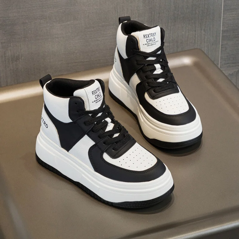 

Женские высокие кожаные кроссовки на толстой подошве с круглым носком, комбинированные, с внутренней подкладкой, спортивные, повседневные, весна-осень 2024