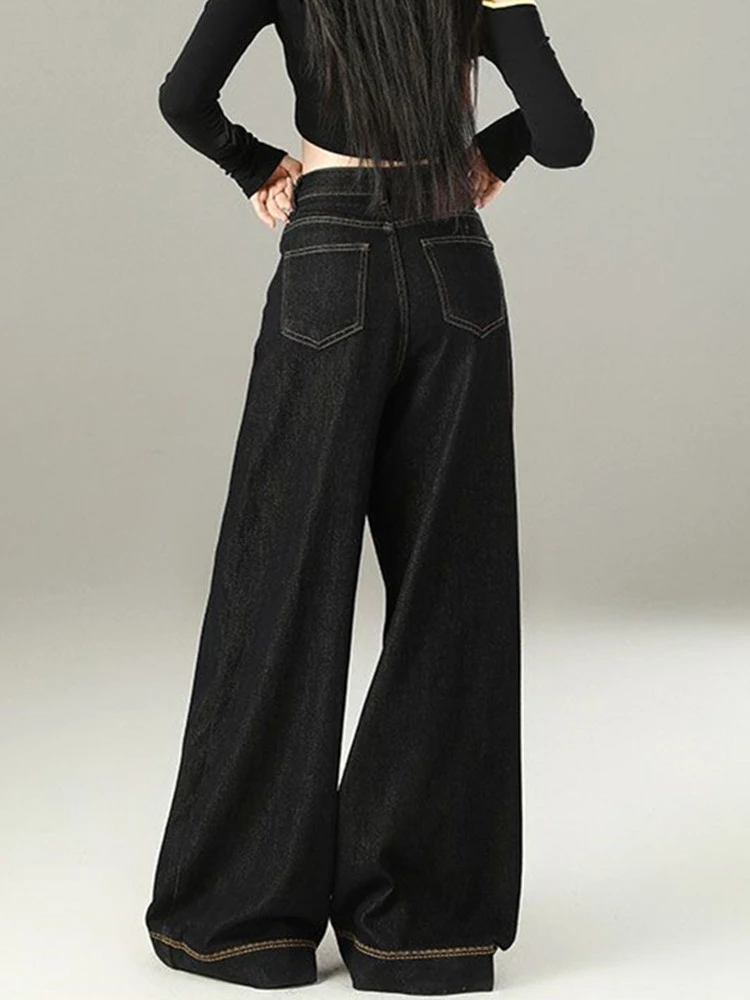 FINEWORDS Retro Casual Koreańskie Czarne Jeansy Damskie Streetwear Wysoki Stan Łatwe Do Dopasowania Długie Szerokie Nogawki Spodnie Jeansowe