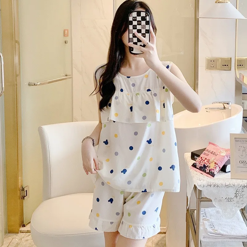 Artificial Cotton Cool Feeling Comfortable Home Can Wear Summer Suit Cotton and Silk Pajamas Women's Vest Sleeveless Suspender