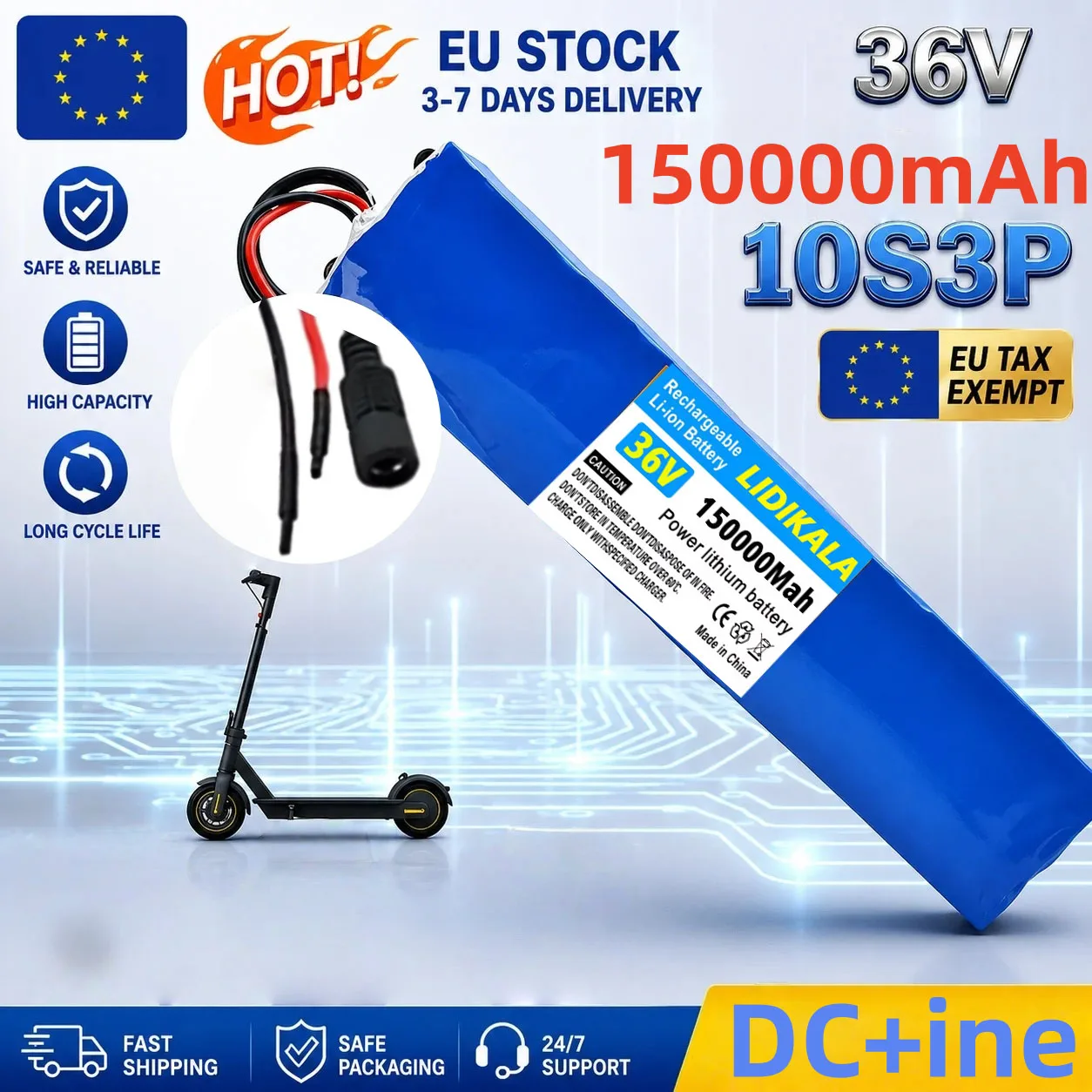 36V 150Ah Wiederaufladbarer Lithium-Akku 18650 10S3P 800W Leistung Modifizierter 36V Elektroroller-Akku mit BMS, 2 Leitungen mit DC