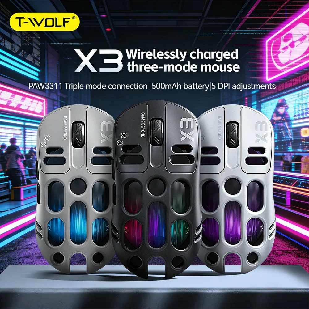 

Lightweight Wireless Gaming Mouse X3 65g Honeycomb PAW3311 12000DPI Tri-Mode Bluetooth RGB Backlit Macro Mouse for Game Player B